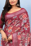 Varanga Light Maroon Linen Digital Printed Saree With Tassels