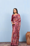 Varanga Light Maroon Linen Digital Printed Saree With Tassels