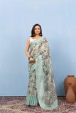 Varanga Pista Linen Digital Printed Saree With Zari And Sequence Work