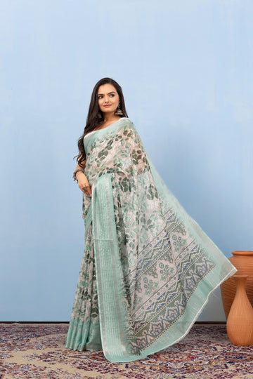 Varanga Pista Linen Digital Printed Saree With Zari And Sequence Work