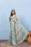 Varanga Pista Linen Digital Printed Saree With Zari And Sequence Work