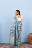 Varanga Light Teal Linen Digital Printed Saree With Tassels