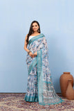 Varanga Light Teal Linen Digital Printed Saree With Tassels