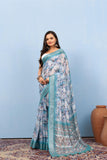 Varanga Light Teal Linen Digital Printed Saree With Tassels