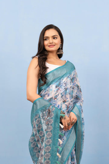 Varanga Light Teal Linen Digital Printed Saree With Tassels