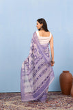 Varanga Purple And White Linen Digital Printed Saree With Zari And Sequence Work