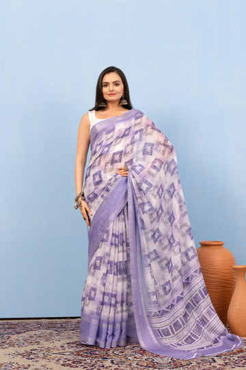 Varanga Purple And White Linen Digital Printed Saree With Zari And Sequence Work