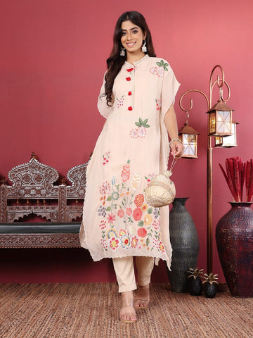 Varanga Off White Floral Embroidered Thread Work Kaftan Kurta with Trousers