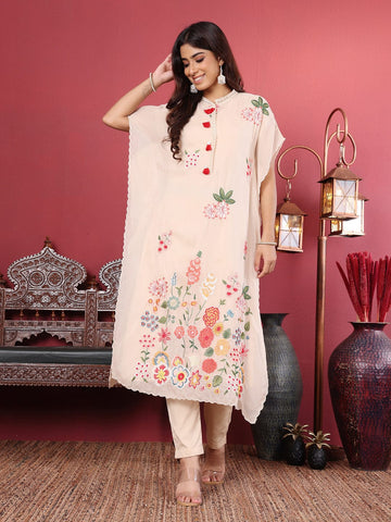 Varanga Off White Floral Embroidered Thread Work Kaftan Kurta with Trousers