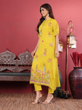 Varanga Yellow Floral Embroidered Mandarin Collar Thread Work Kaftan Kurta with Trousers