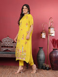 Varanga Yellow Floral Embroidered Mandarin Collar Thread Work Kaftan Kurta with Trousers