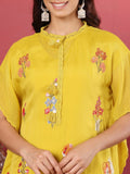 Varanga Yellow Floral Embroidered Mandarin Collar Thread Work Kaftan Kurta with Trousers