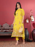 Varanga Yellow Floral Embroidered Mandarin Collar Thread Work Kaftan Kurta with Trousers