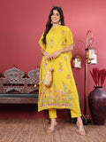 Varanga Yellow Floral Embroidered Mandarin Collar Thread Work Kaftan Kurta with Trousers