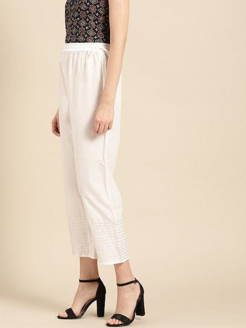 Varanga Women White Gotta Hem Design Straight Cropped Trousers