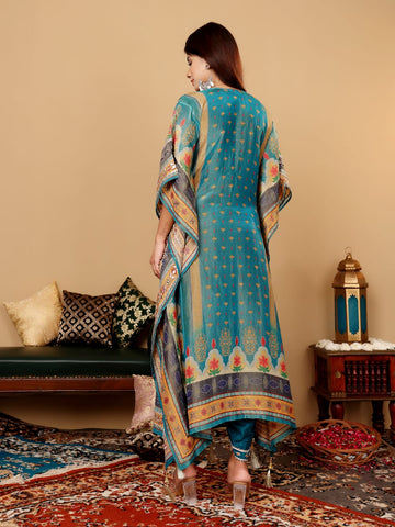 Varanga Women Teal Blue Pure Silk Gotta And Mirror Work Kaftan With Tulip Pants