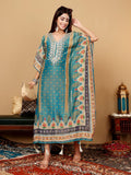 Varanga Women Teal Blue Pure Silk Gotta And Mirror Work Kaftan With Tulip Pants