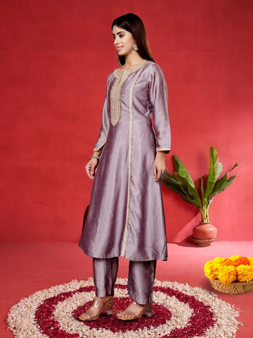 Varanga Women Lavender Zari Lace Embellished Anarkali Kurta With Trousers And Tissue Dupatta.