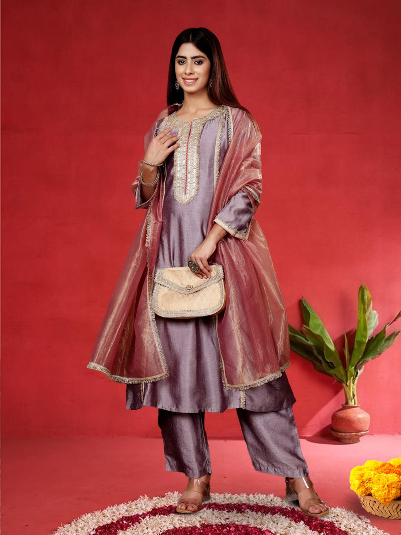 Varanga Women Lavender Zari Lace Embellished Anarkali Kurta With Trousers And Tissue Dupatta.