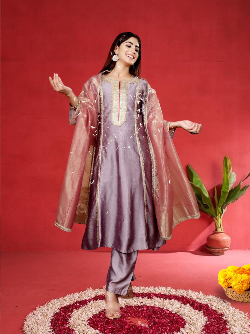Varanga Women Lavender Zari Lace Embellished Anarkali Kurta With Trousers And Tissue Dupatta.