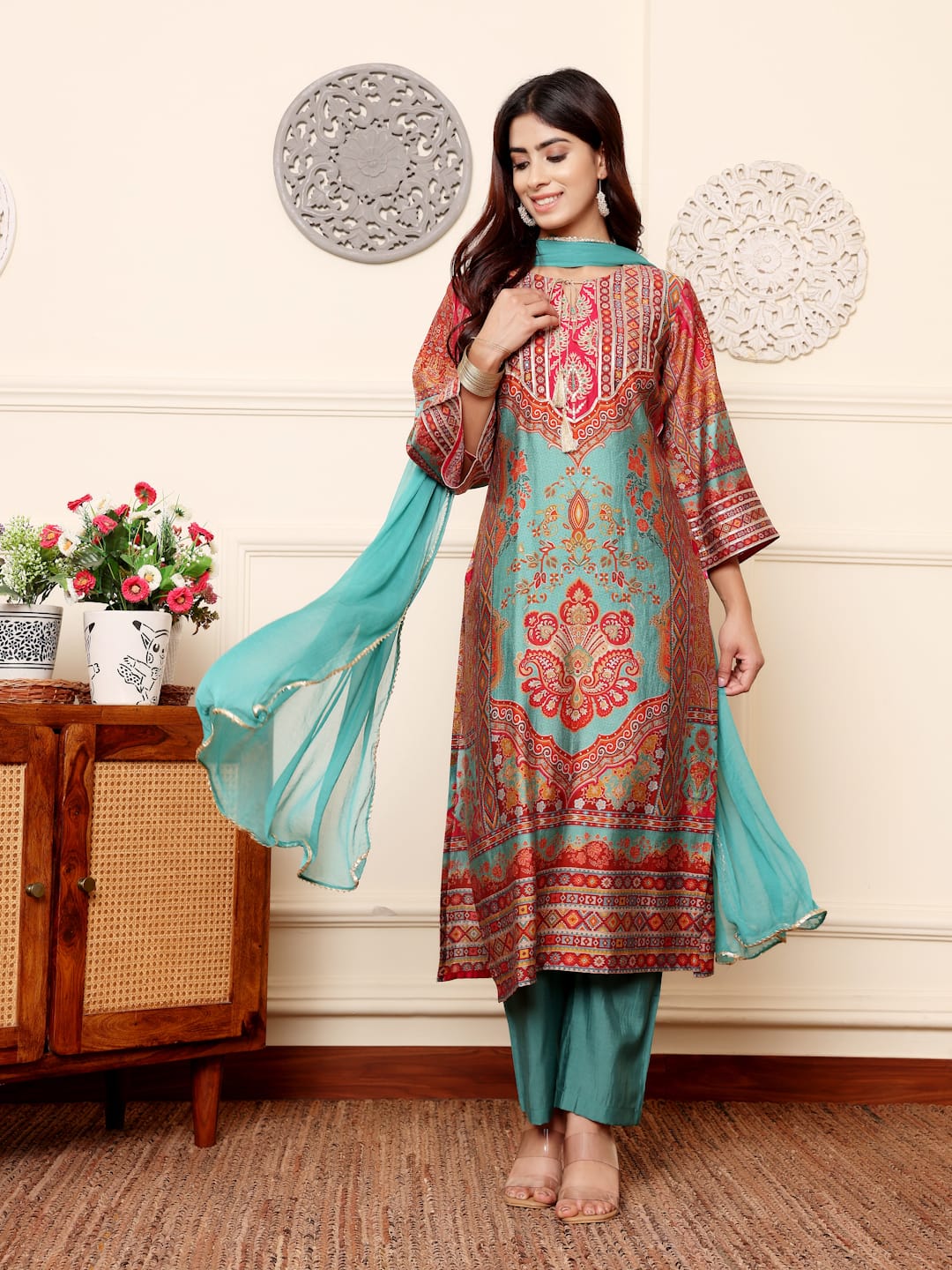 Varanga Women Turquish Ethnic Printed Zari & Gota Lace Detailed Kurta With Solid Trouser & Dupatta