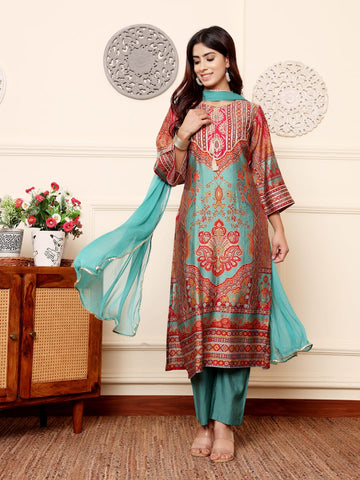 Varanga Women Turquish Ethnic Printed Zari & Gota Lace Detailed Kurta With Solid Trouser & Dupatta