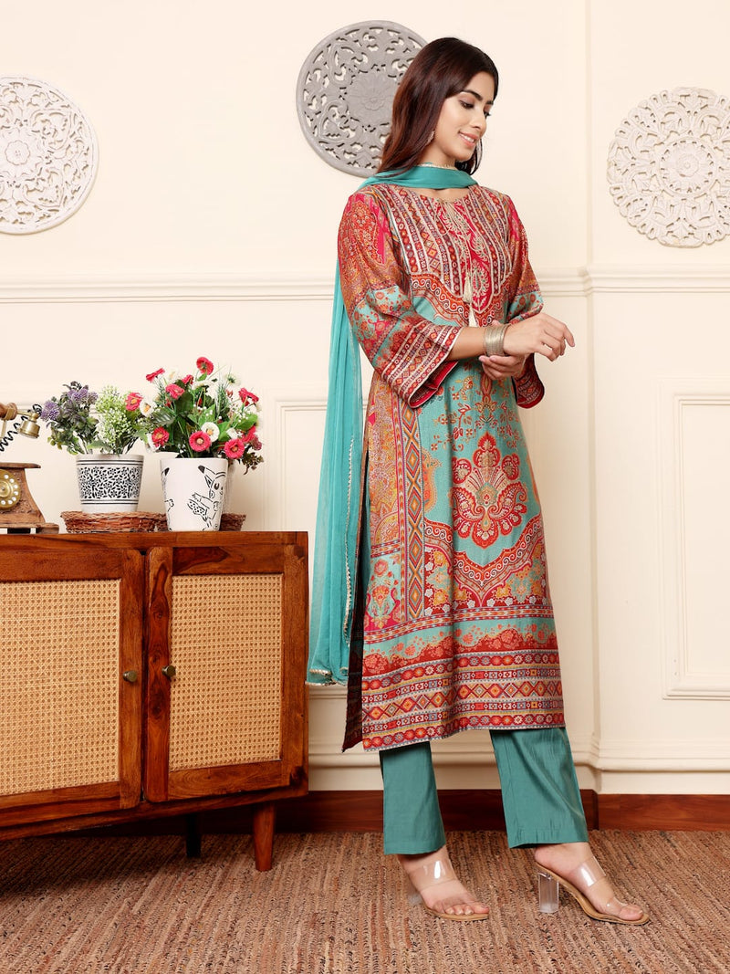 Varanga Women Turquish Ethnic Printed Zari & Gota Lace Detailed Kurta With Solid Trouser & Dupatta