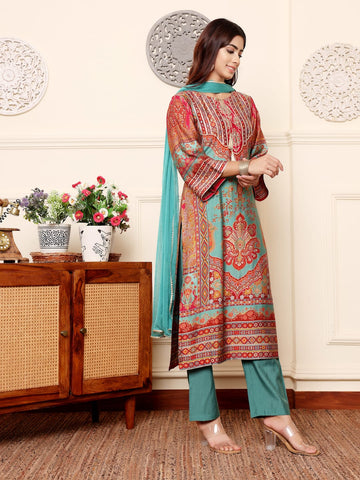 Varanga Women Turquish Ethnic Printed Zari & Gota Lace Detailed Kurta With Solid Trouser & Dupatta