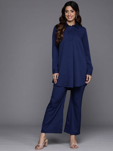 Varanga Women Blue Shirt Collar Co-Ord Set