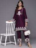 Varanga Women Violet Embroidered Short Straight Tunic With Embroidered Bottom