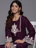 Varanga Women Violet Embroidered Short Straight Tunic With Embroidered Bottom