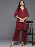 Varanga Women Maroon Lace Detailed Placket Co-Ord Set