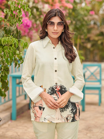 KSUT Women Modern Printed Apple Hem Shirt with Trouser