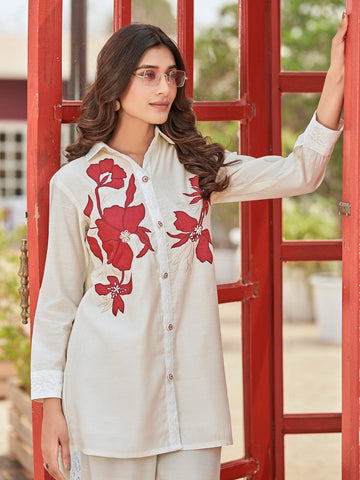 Varanga Women Cut Work and Thread Embroidered Shirt with Flared Palazzo