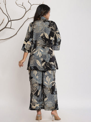 KSUT Women Floral Printed Front Placket Shirt with Flared Palazzo