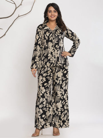 KSUT Women Floral Printed Front Placket Shirt with Flared Palazzo