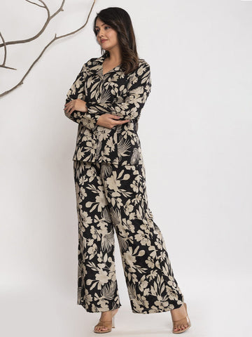 KSUT Women Floral Printed Front Placket Shirt with Flared Palazzo