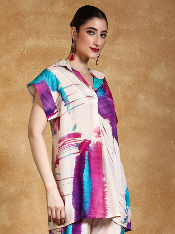 Abstract printed loose fit top with flared palazzo