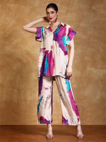 Abstract printed loose fit top with flared palazzo