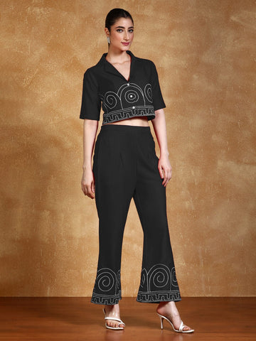 Thread embroidered crop shirt with trouser