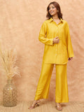 Varanga Women Solid Yellow Co-Ord Set With Regular Shirt Collar Shirt Paired With Solid Trousers