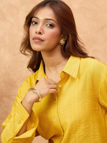 Varanga Women Solid Yellow Co-Ord Set With Regular Shirt Collar Shirt Paired With Solid Trousers