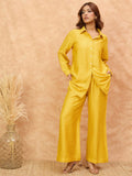 Varanga Women Solid Yellow Co-Ord Set With Regular Shirt Collar Shirt Paired With Solid Trousers