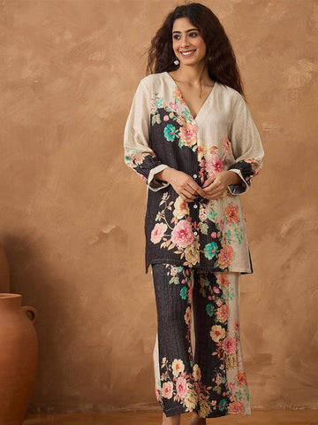 Varanga Women Contrast Black And White Floral Co-Ord Set With Elasticated Waistband On Trousers