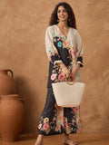Varanga Women Contrast Black And White Floral Co-Ord Set With Elasticated Waistband On Trousers