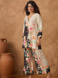 Varanga Women Contrast Black And White Floral Co-Ord Set With Elasticated Waistband On Trousers