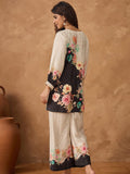 Varanga Women Contrast Black And White Floral Co-Ord Set With Elasticated Waistband On Trousers