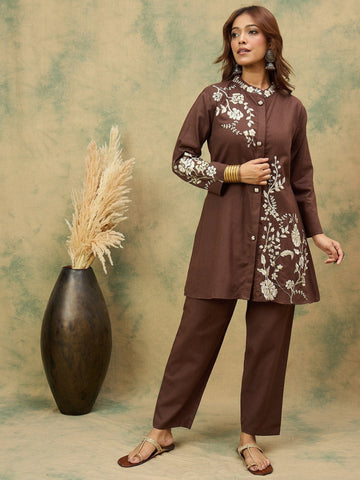 Varanga Women Elegant Brown Co-Ord Set Featuring Thread Embroidery , Paired With Ankle-Length Trousers For A Chic, Coordinated Look.