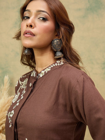 Varanga Women Elegant Brown Co-Ord Set Featuring Thread Embroidery , Paired With Ankle-Length Trousers For A Chic, Coordinated Look.