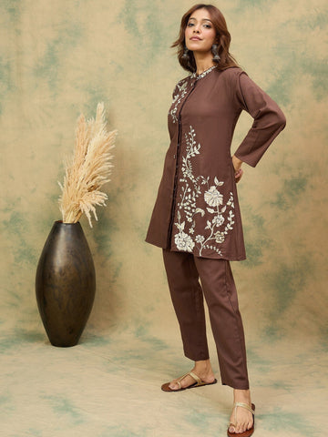 KSUT Women Elegant Brown Co-Ord Set Featuring Thread Embroidery , Paired With Ankle-Length Trousers For A Chic, Coordinated Look.